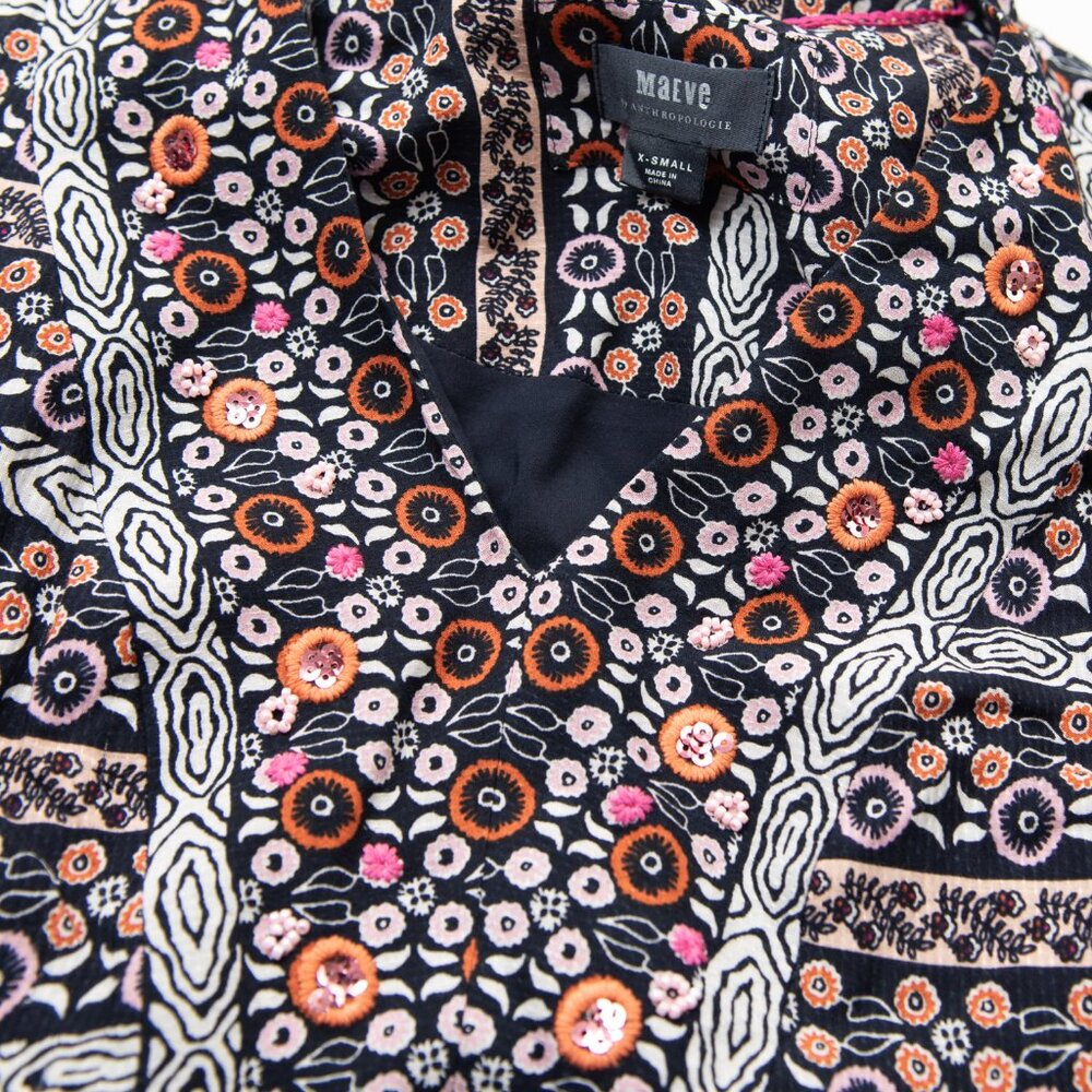 Anthropologie Maeve Naomi Embroidered Tunic Dress Sequins Black Pattern Size XS - Picture 3 of 9